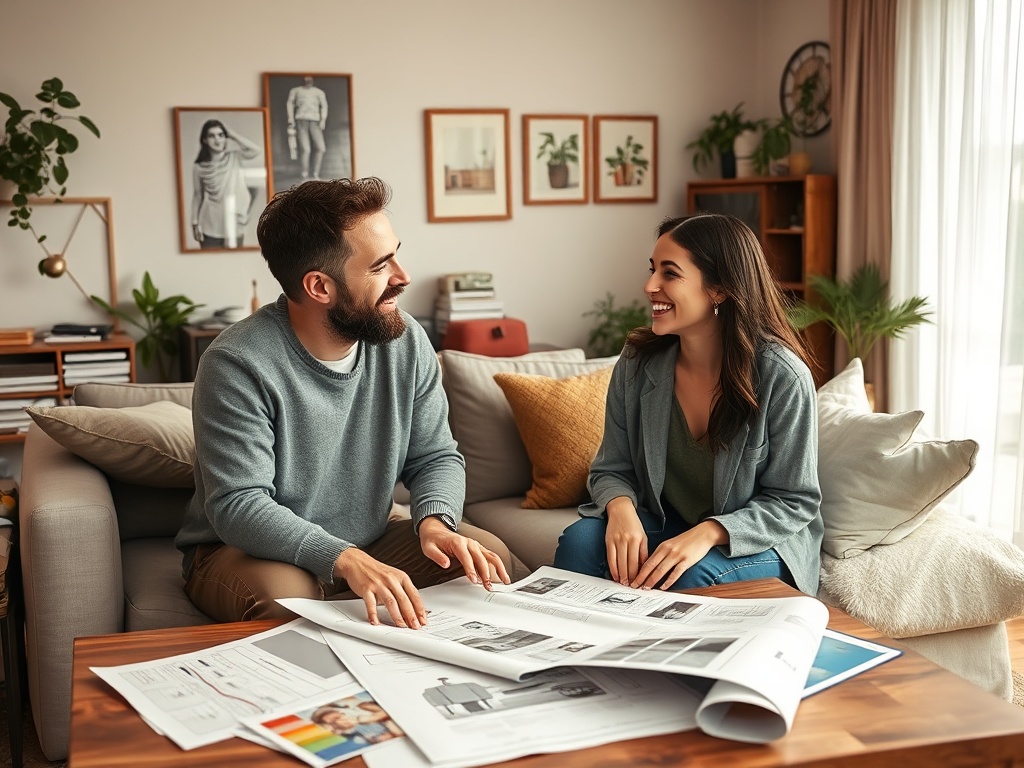 Пара улыбается и обсуждает планы, сидя на диване среди рисунков и документов.