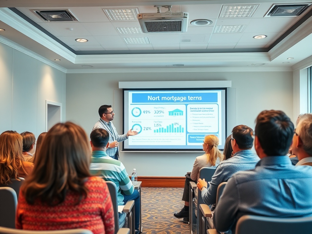 На семинаре мужчина представляет условия ипотеки, участники слушают и изучают информацию на экране.