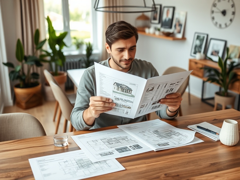 Мужчина сидит за столом, изучая планы зданий и чертежи, окруженный растениями и документами.