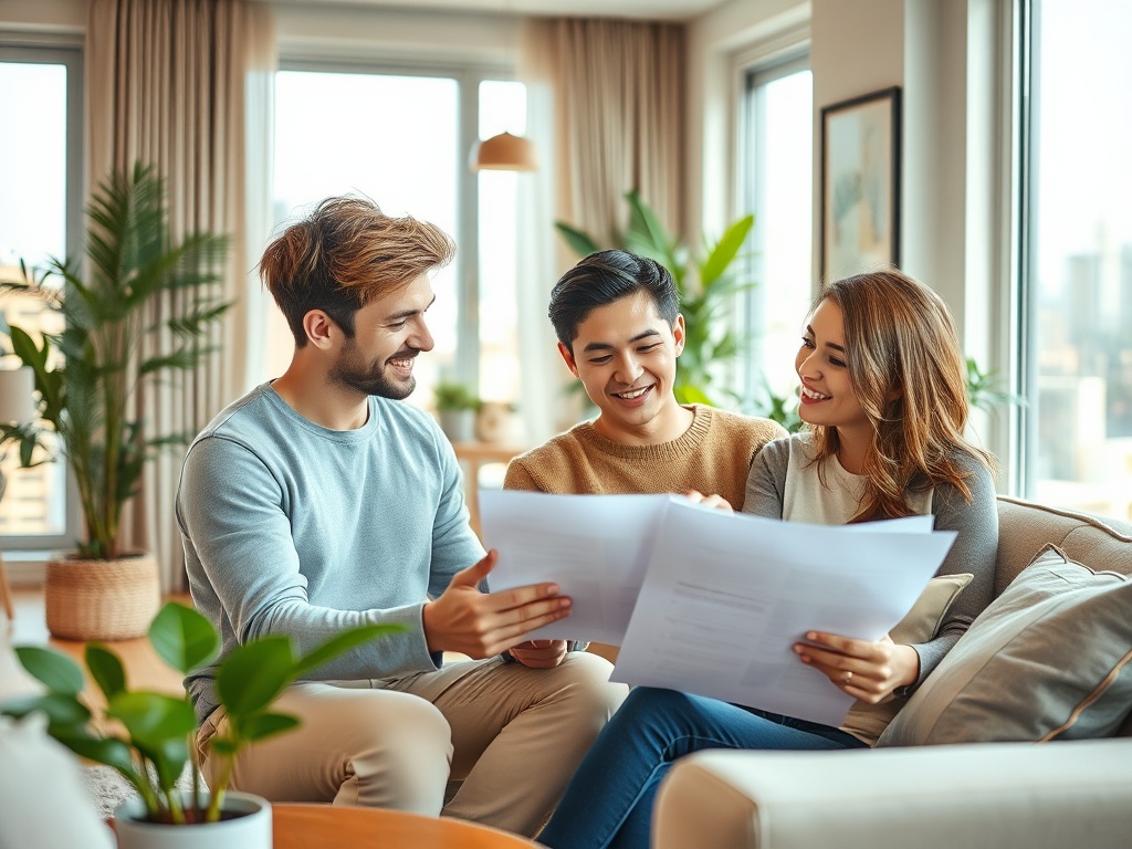Трое людей обсуждают документы в уютной комнате с растениями и большими окнами.