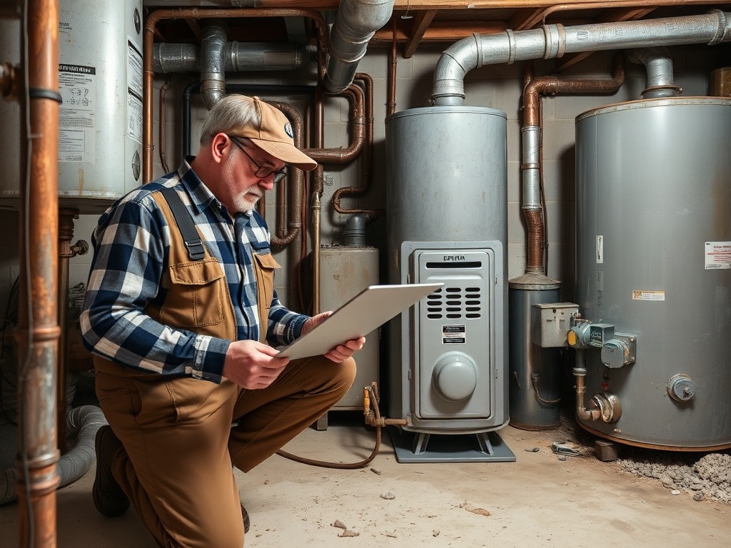 Мужчина в рабочей одежде сидит на коленях и изучает документы в помещении с трубами и бойлерами.