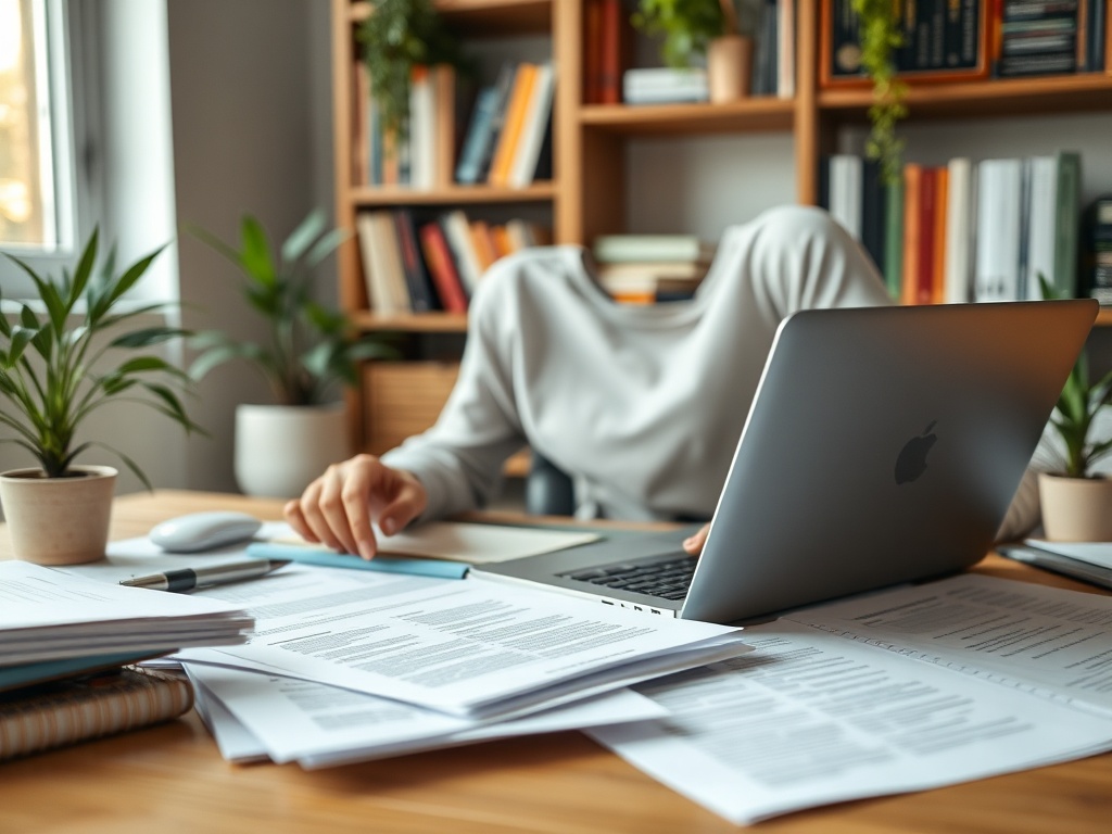 На столе с документами и ноутбуком сидит человек без головы, окружённый растениями.