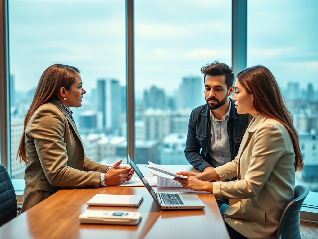 Три человека в офисе обсуждают документы, за ними виден городской пейзаж через большое окно.