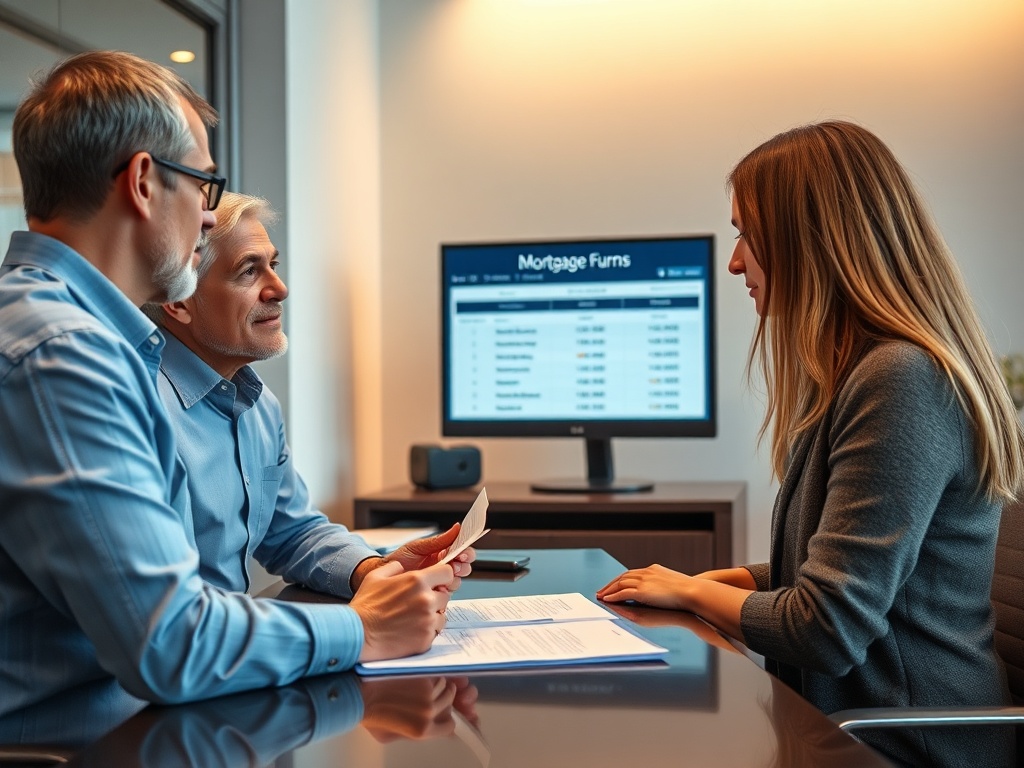 В офисе трое людей обсуждают документы по ипотечному кредиту, на экране монитор с финансовой информацией.