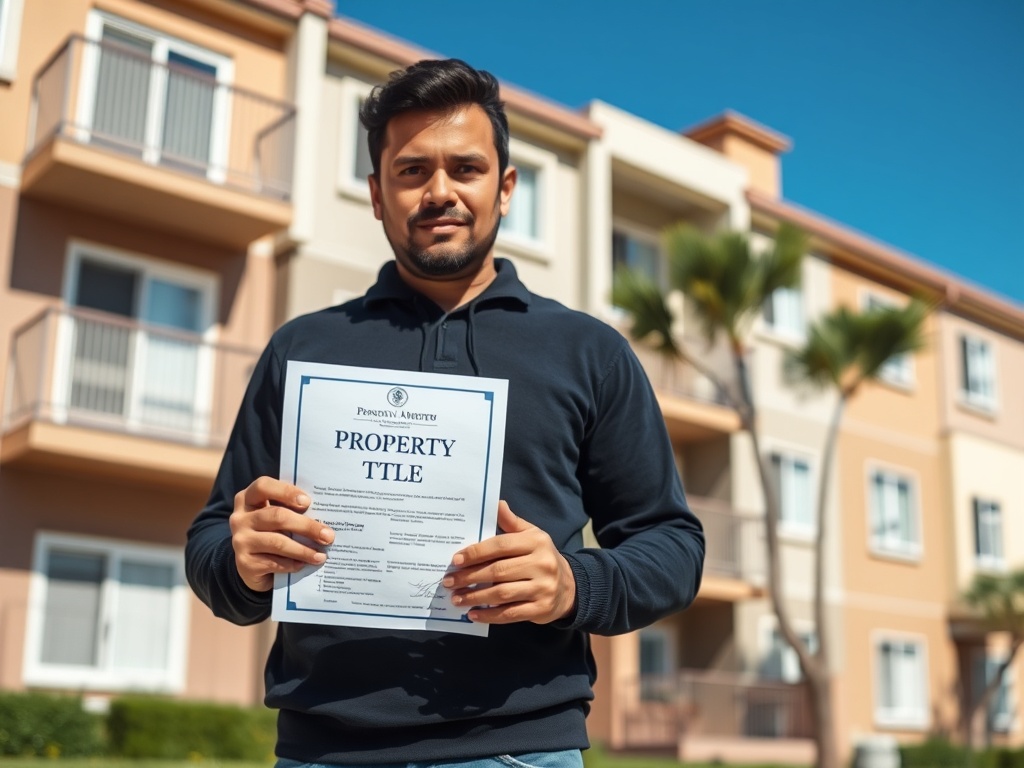 Молодой человек держит в руках свидетельство о праве собственности на фоне многоквартирного дома.