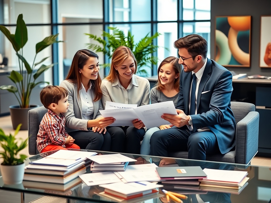 На изображении счастливая семья обсуждает документы в современном офисе. Рядом с ними много книг и бумаг.