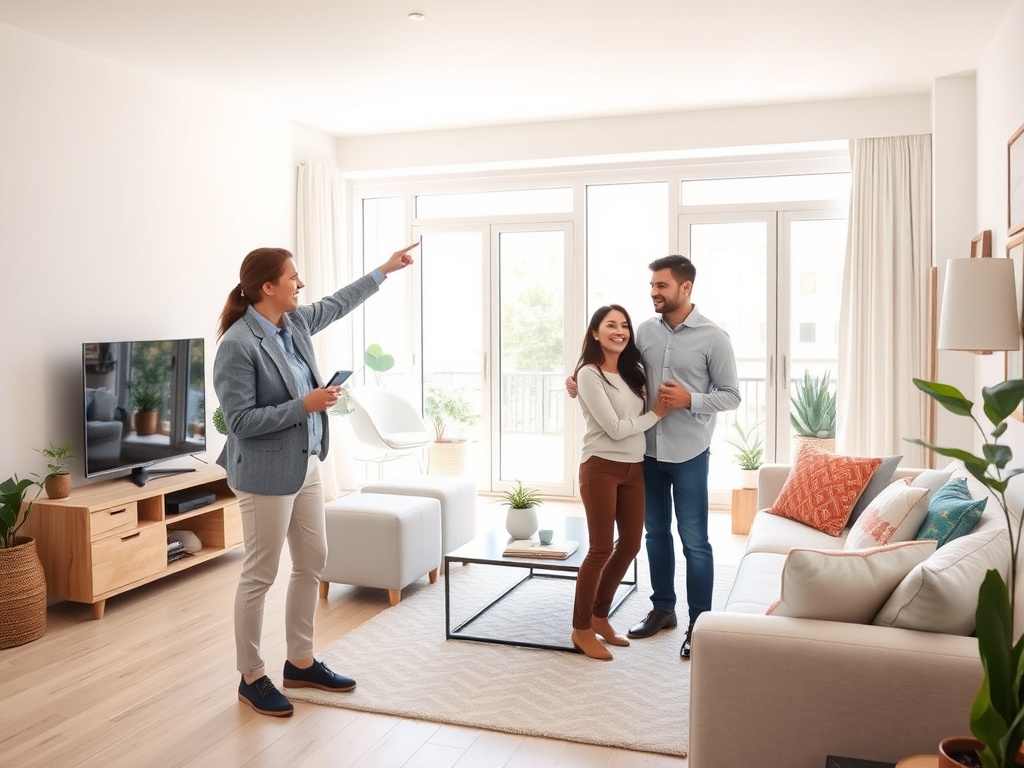 В светлой комнате агент недвижимости показывает пару, которая веселится и смотрит в сторону окон.