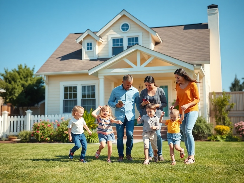 Семья и дети на лужайке у дома, занятые общением и игрой на фоне ясного синего неба.